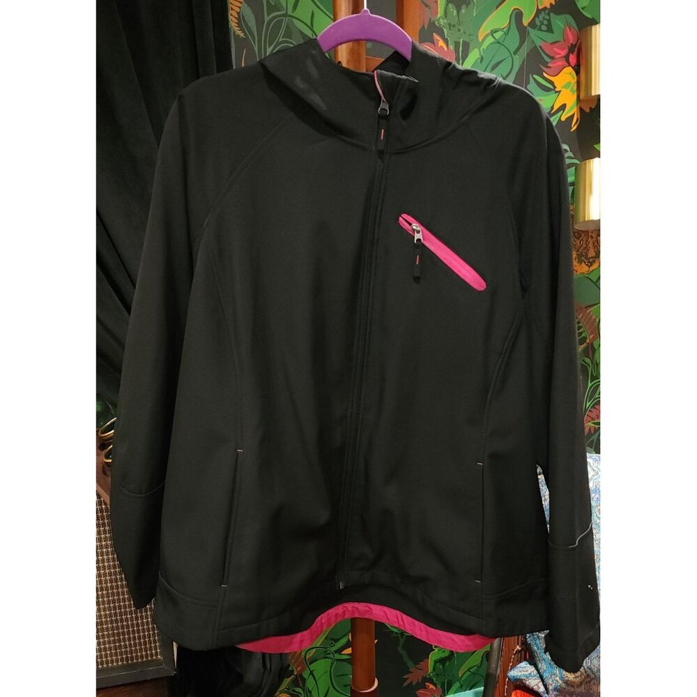 Women's Black Hooded Jacket 3X 22W-24W W/ Pink Accents Full Zip Pockets Polyeste